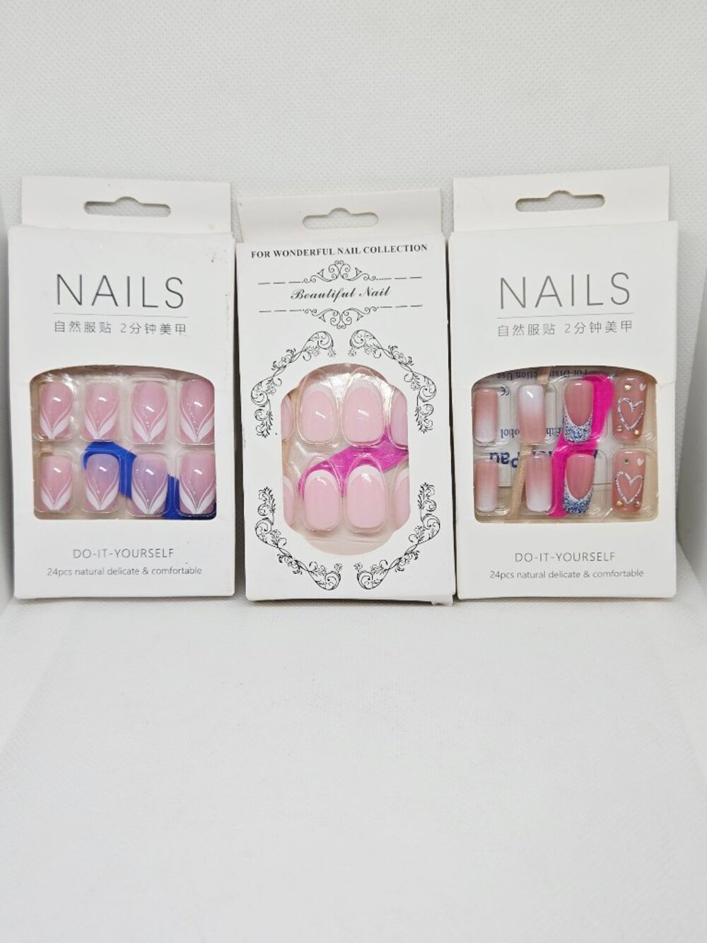 3 BOXES NATURAL PRESS ON NAILS PINK HEARTS & PINK FRENCH TIP NIB 72 TOTAL